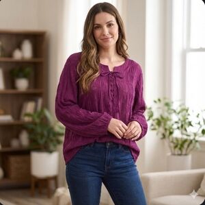 Frye & Co. Lace Up Peasant Blouse Top Magenta Wmn's 3X
